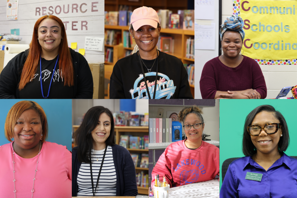 A film still shows seven women speaking. 