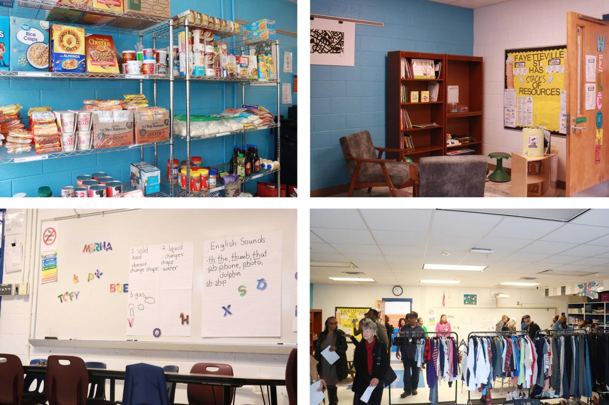 Four images showing a school family resource center with food shelves, seating area, classroom and clothing racks.