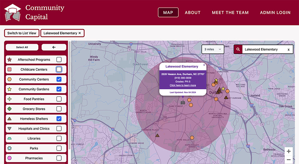 Screenshot of a dashboard map showing local school assets.