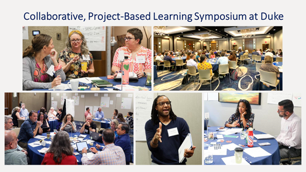 Scenes of participants working together at the Collaborative, Project-Based Learning Symposium at Duke.