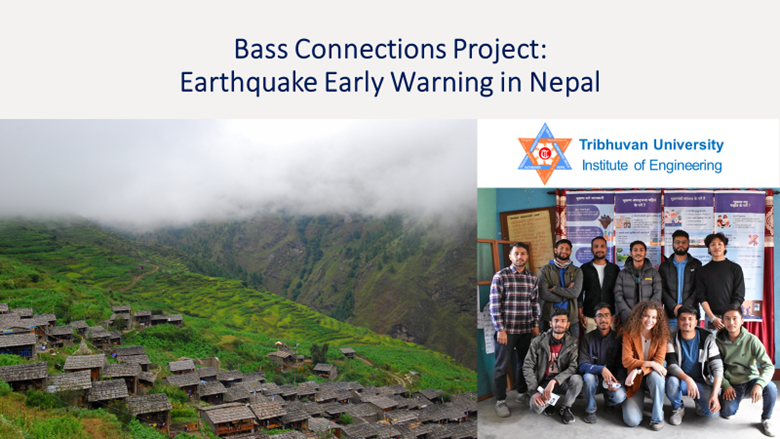 Aerial view of town in Nepal, group photo of researchers at Tribhuvan University; text: Bass Connections project: earthquake early warning in Nepal.