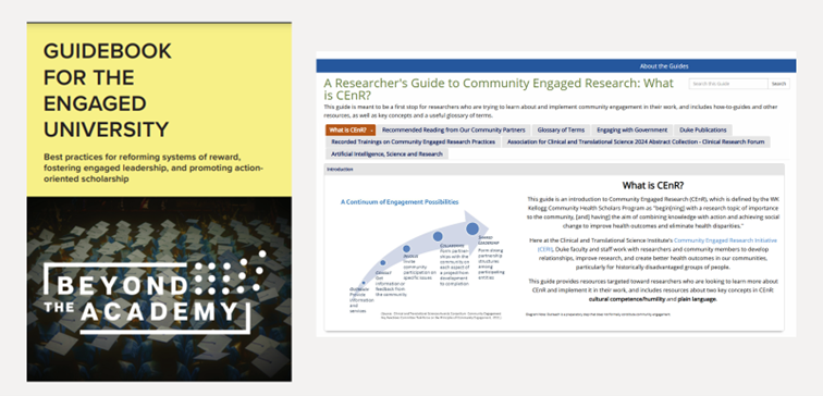 Book cover of "Guidebook for the Engaged University" and a screenshot labeled "A researcher's guide to community-engaged research: what is CEnR?"